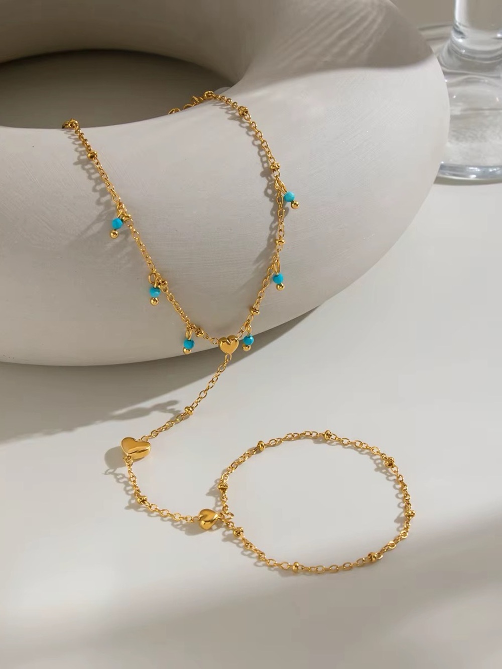 18K Gold Plated Turquoise Beaded Heart Hand Chain Bracelet - Picture 3 of 10